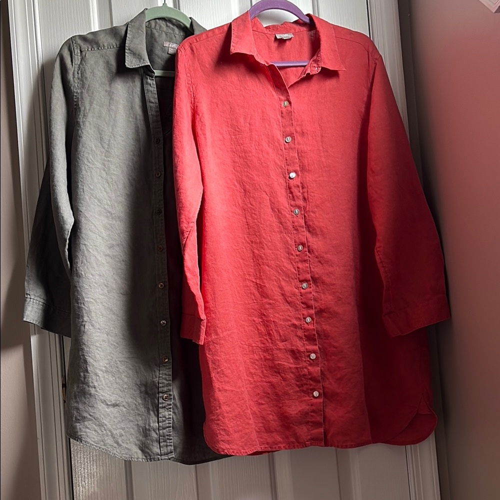 J. Jill Olive and Coral linen long sleeve tops.